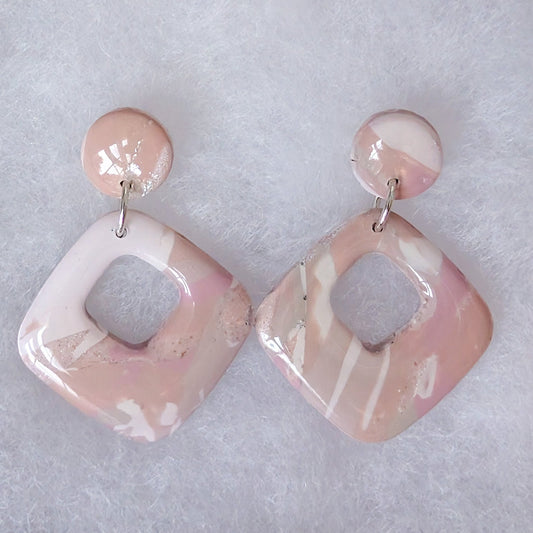 Neutral Marble Polymer Clay Earrings, Lightweight Geometric Drops, Beige Pink Everyday Office Jewelry, Gold or Silver Foil