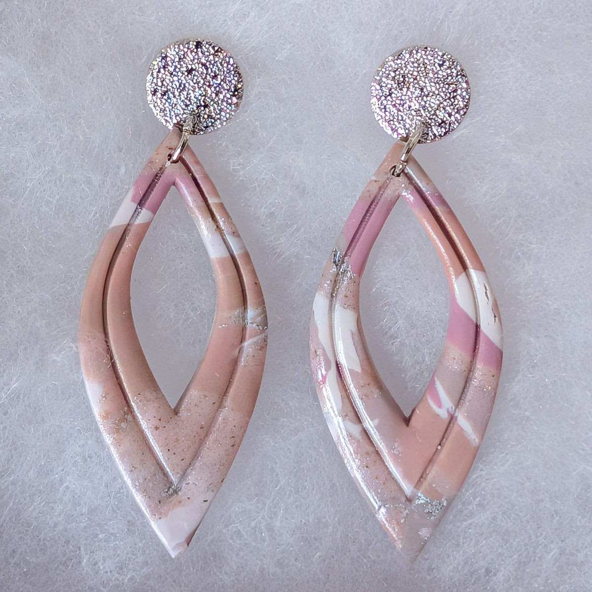 Neutral Marble Polymer Clay Earrings, Lightweight Geometric Drops, Beige Pink Everyday Office Jewelry, Gold or Silver Foil