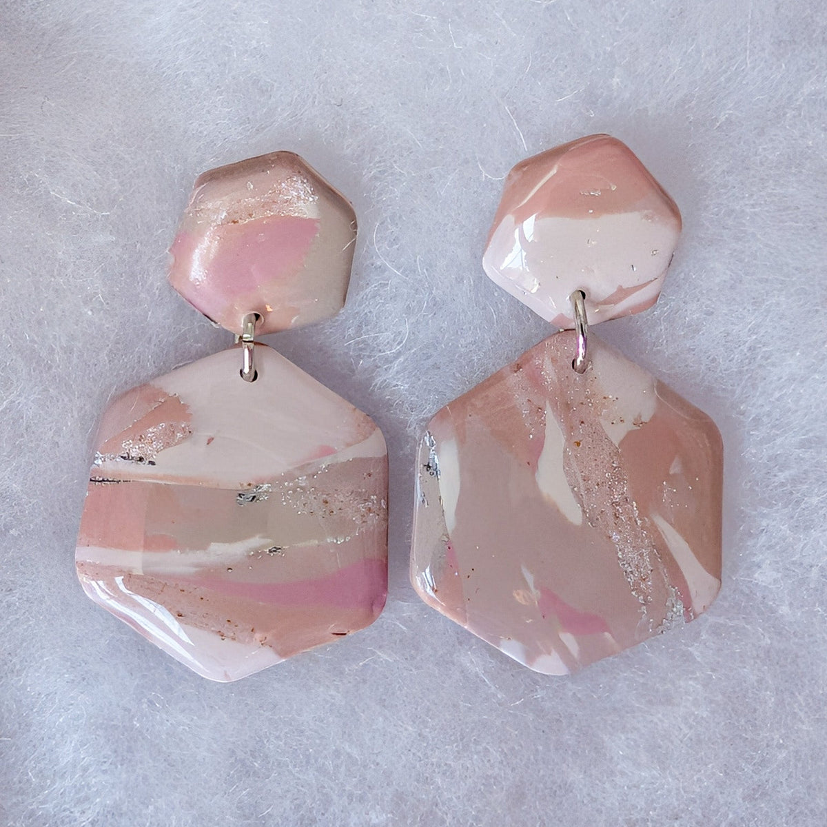 Neutral Marble Polymer Clay Earrings, Lightweight Geometric Drops, Beige Pink Everyday Office Jewelry, Gold or Silver Foil