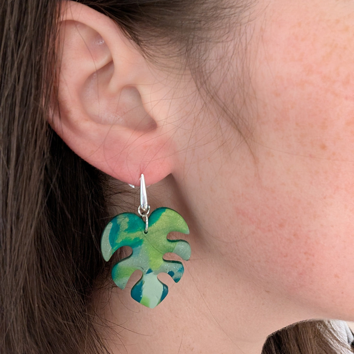Green Monstera Earrings: Lightweight Marbled Clay Leaf Dangles for Tropical Vacations and Cruises