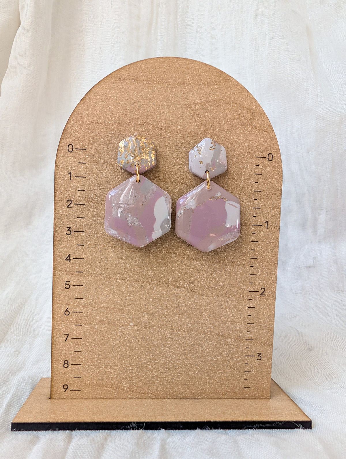 Neutral Marble Polymer Clay Earrings, Lightweight Geometric Drops, Beige Pink Everyday Office Jewelry, Gold or Silver Foil