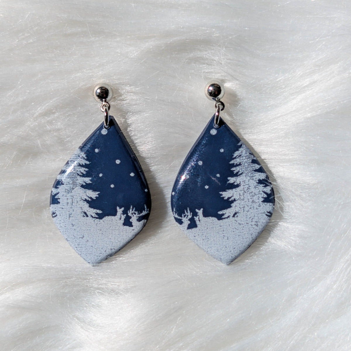 Blue pointed drop snowy forest earrings with white trees, deer and sterling silver-plated stainless steel findings