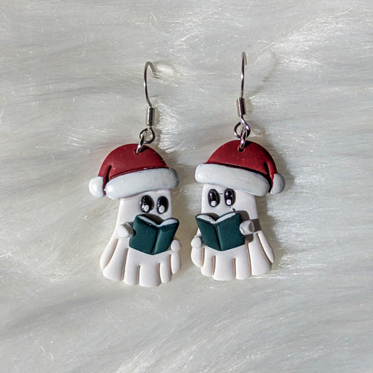 Pair of Santa hat ghost reader earrings with surgical-grade stainless steel hooks