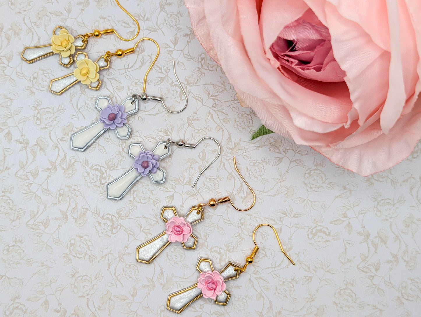 Pink Floral Cross Earrings