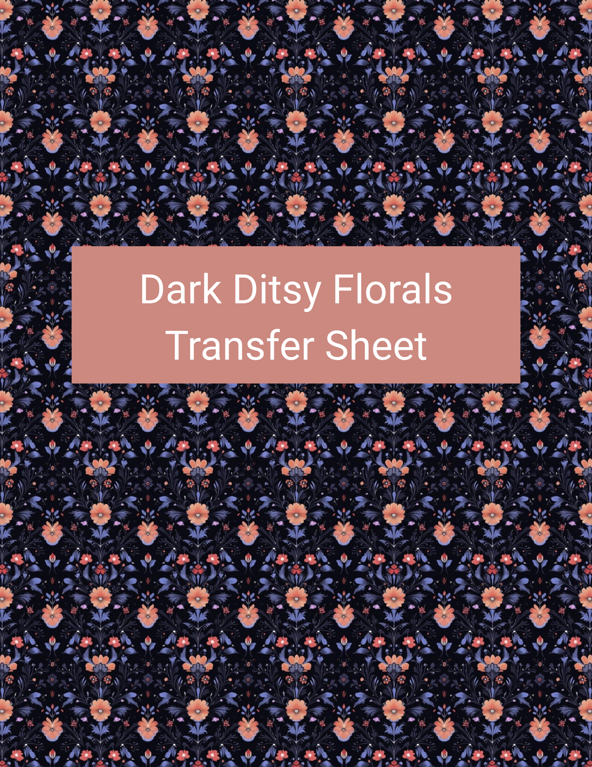 Dark Ditsy Florals polymer clay transfer paper with midnight navy, black, coral pink, dusty blue, and muted rust featuring tiny coral blossoms, blue flowers, miniature leaves, and symmetrical botanical details