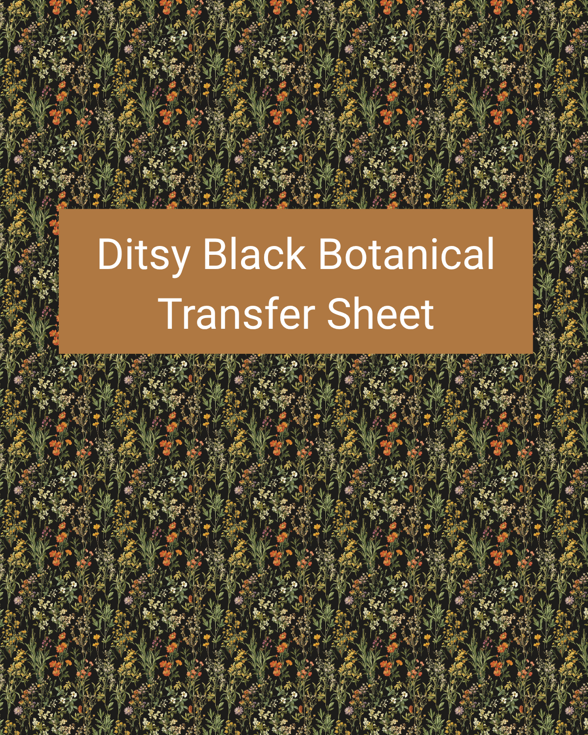 Ditsy Black Botanical polymer clay transfer paper with charcoal black, olive green, muted sage, and warm orange and dense miniature foliage, tiny flowers, and scattered orange berry-like accents