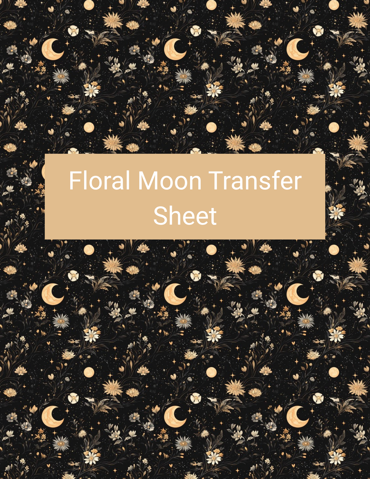 Floral Moon polymer clay transfer paper with black, warm cream, soft gold, beige, and muted gray featuring crescent moons, tiny stars, daisy-like blossoms, and scattered floral sprigs
