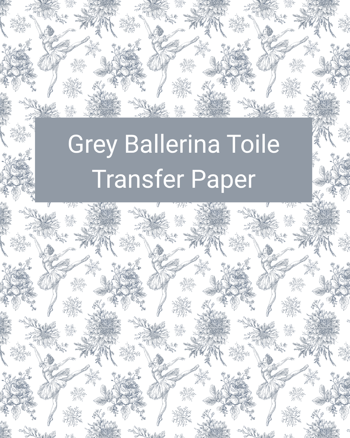 Grey Ballerina Toile polymer clay transfer paper with grey ballerinas, bows, florals, and classic toile-style motifs in white, pale grey, and soft blue-grey