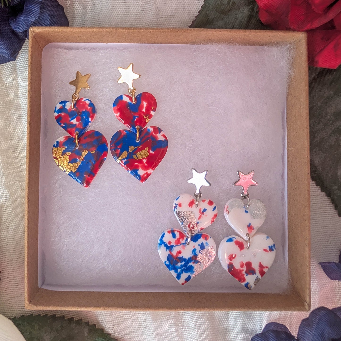 Red, White, and Blue Patriotic Double Heart Earrings for Fourth of July Celebrations