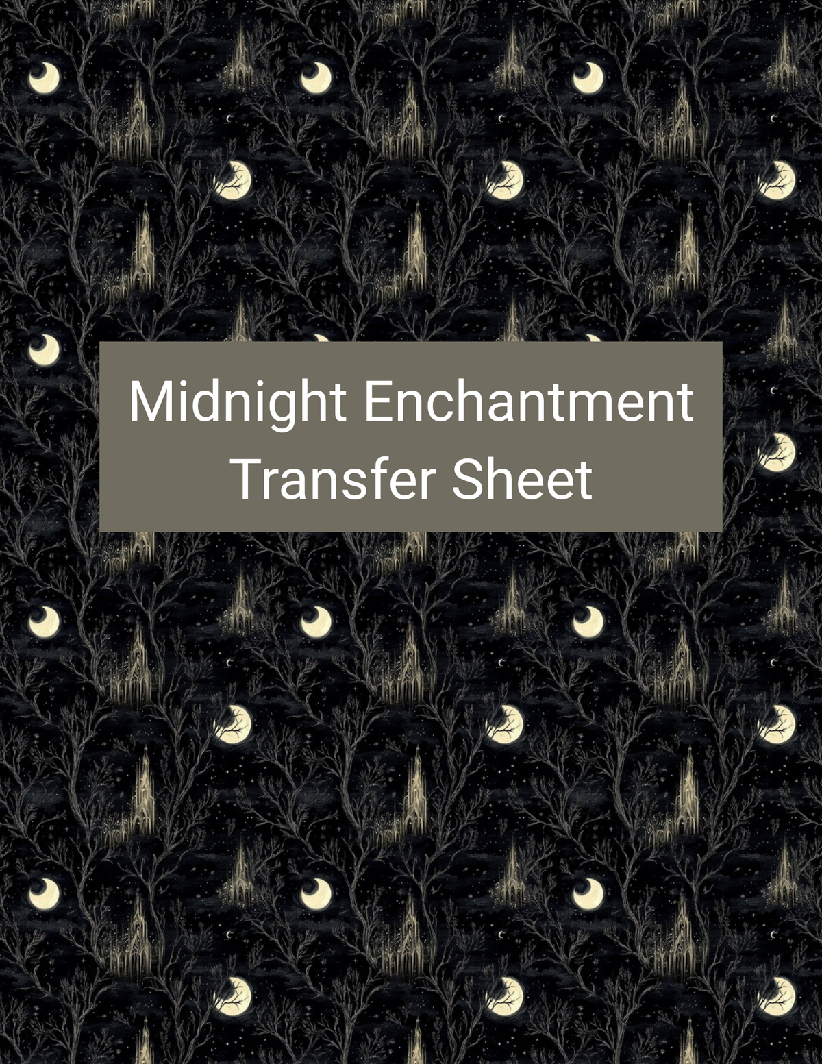 Midnight Enchantment polymer clay transfer paper with black, charcoal gray, warm cream, and muted gold featuring feathery black foliage, twisting woodland forms, and tiny glowing crescent moons