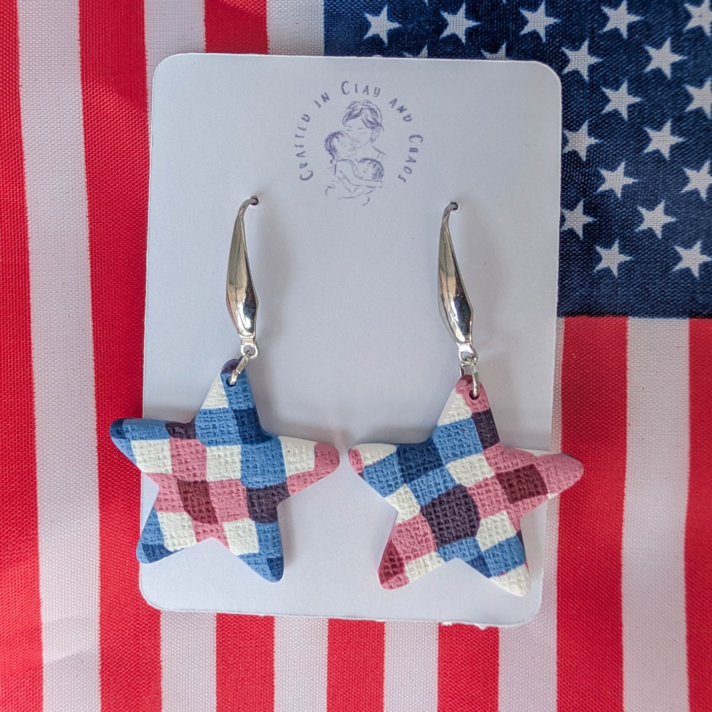 Handmade Fourth of July Gingham Stars (Patriotic USA Celebration Earrings)