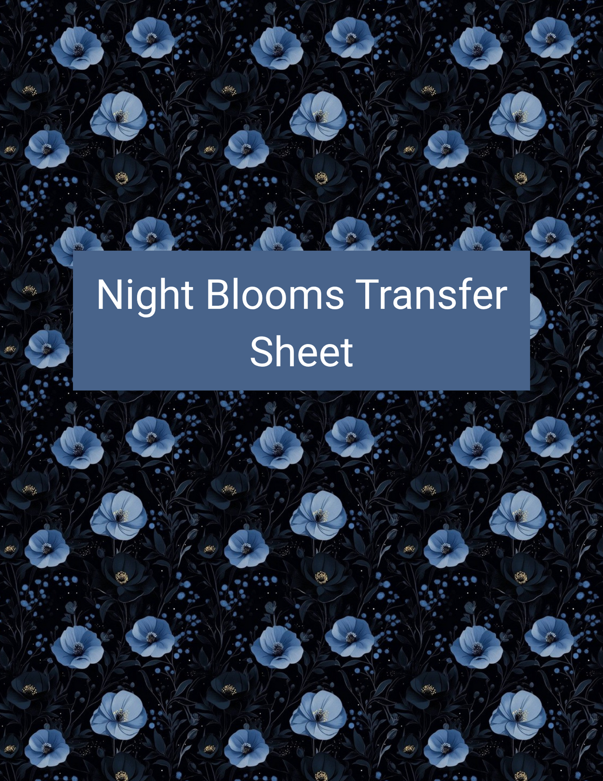 Night Blooms polymer clay transfer paper with black, midnight navy, cobalt blue, and smoky slate featuring large blue roses, layered petals, and shadowy botanical leaves