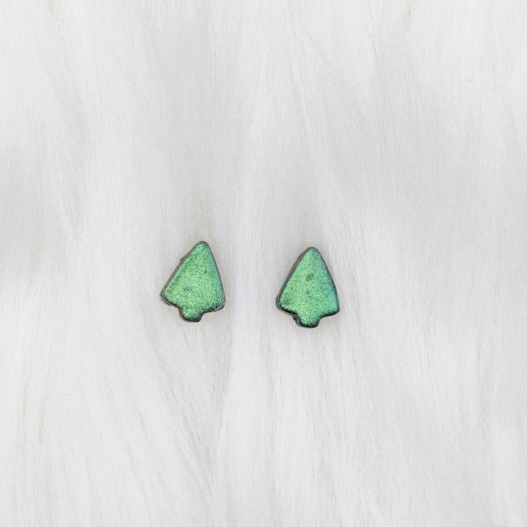 Mini green mica Christmas tree stud earrings