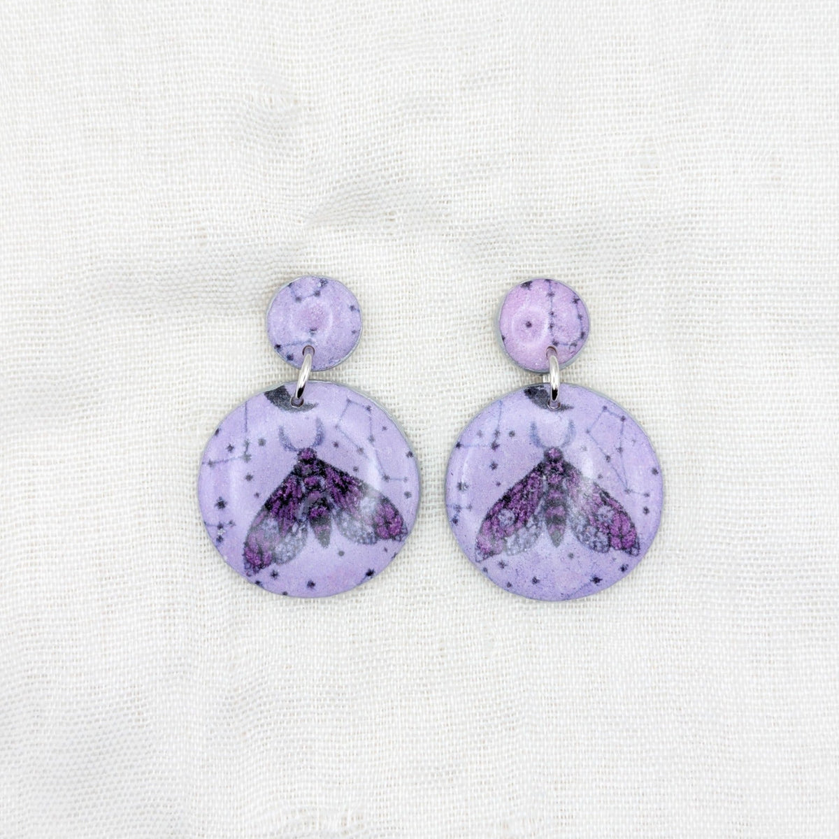 Purple celestial moth double circle earrings with surgical-grade stainless steel posts