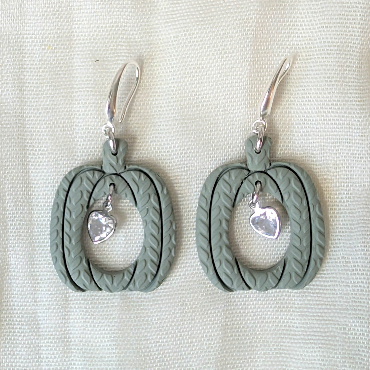 Sage Green knitted pumpkin earrings with clear heart charms and 925 sterling silver-plated stainless steel hooks