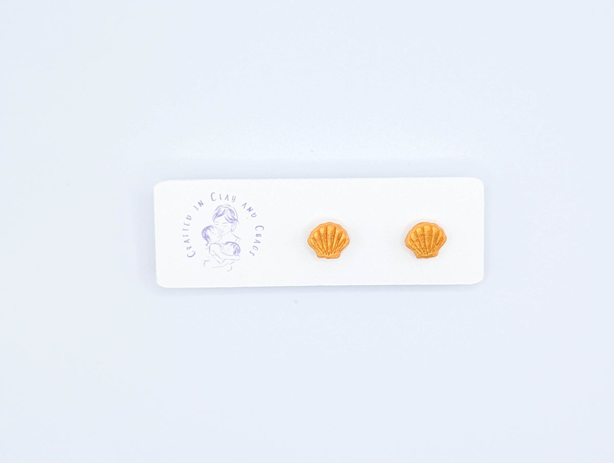 Handmade Shell Stud Earrings, Polymer Clay Seashell Studs with Gold Plated Posts