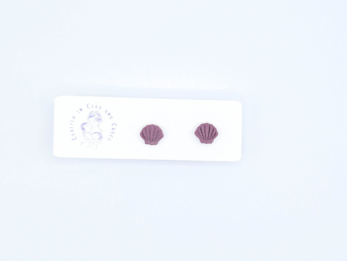 Handmade Shell Stud Earrings, Polymer Clay Seashell Studs with Gold Plated Posts