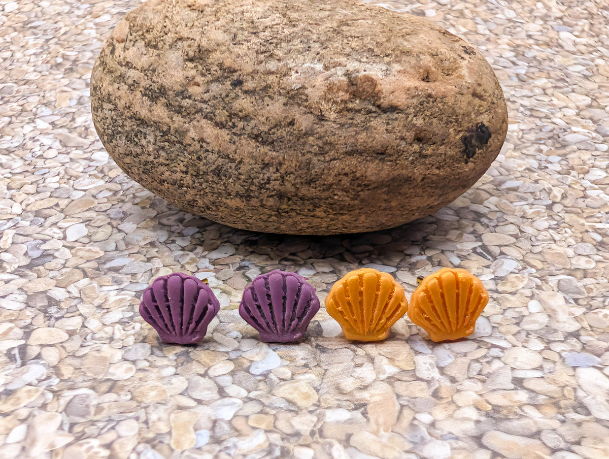 Handmade Shell Stud Earrings, Polymer Clay Seashell Studs with Gold Plated Posts