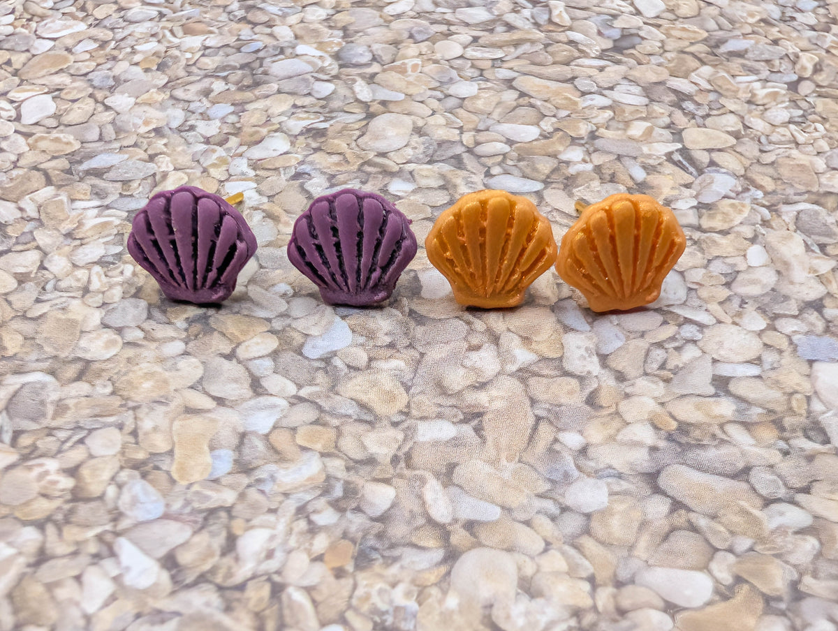 Handmade Shell Stud Earrings, Polymer Clay Seashell Studs with Gold Plated Posts