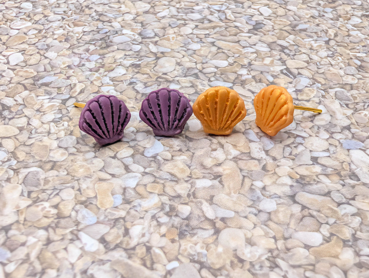 Handmade Shell Stud Earrings, Polymer Clay Seashell Studs with Gold Plated Posts