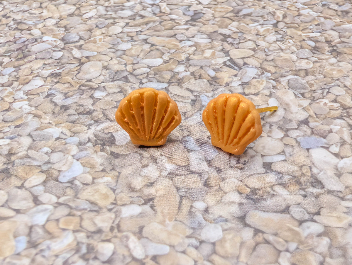 Handmade Shell Stud Earrings, Polymer Clay Seashell Studs with Gold Plated Posts