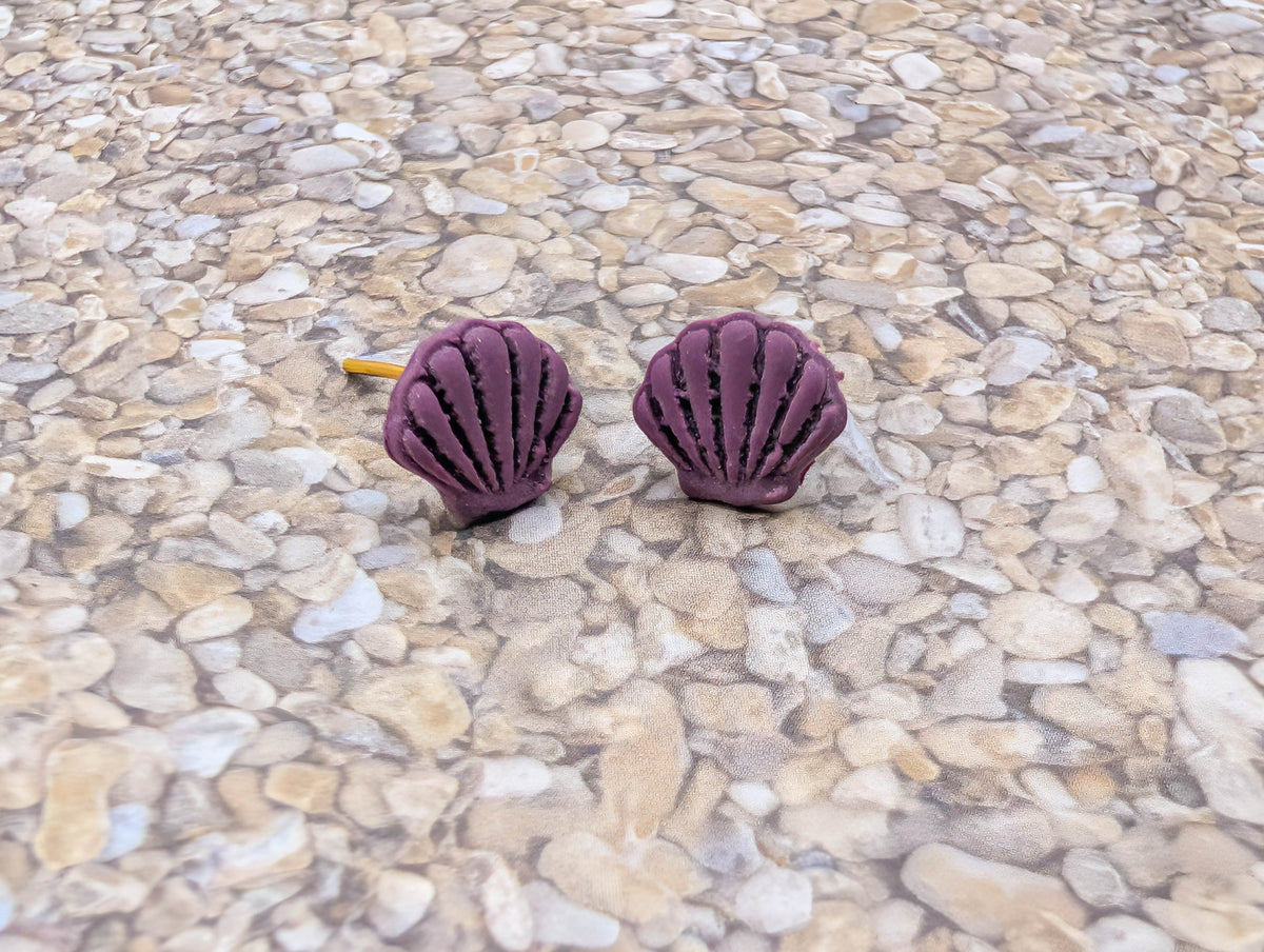 Handmade Shell Stud Earrings, Polymer Clay Seashell Studs with Gold Plated Posts