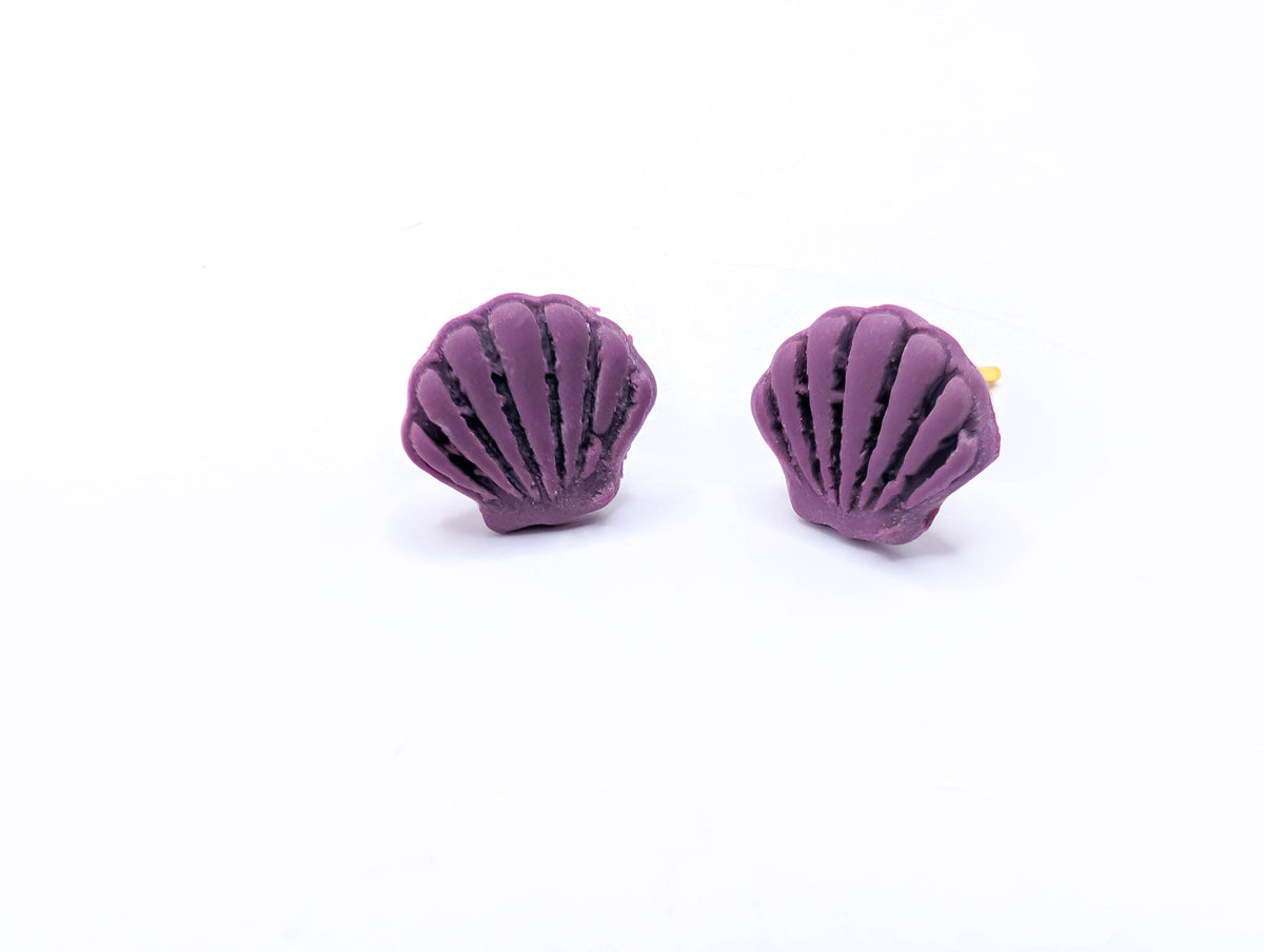 Handmade Shell Stud Earrings, Polymer Clay Seashell Studs with Gold Plated Posts