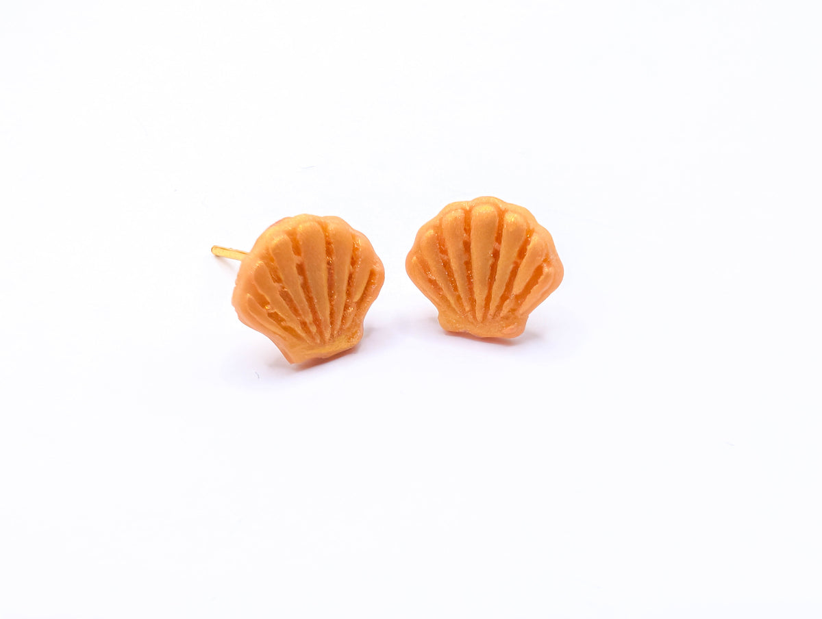 Handmade Shell Stud Earrings, Polymer Clay Seashell Studs with Gold Plated Posts