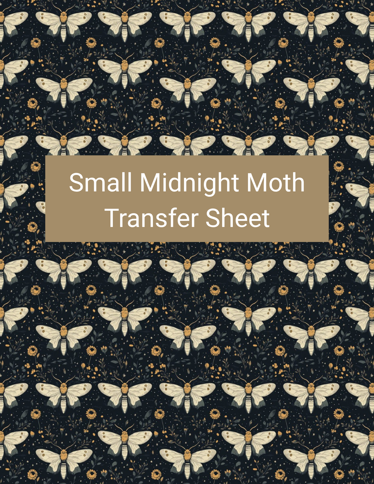 Small Midnight Moth polymer clay transfer paper with black, deep navy, warm cream, antique gold, and muted beige featuring small cream moths, tiny stars, botanical dots, and subtle celestial accents