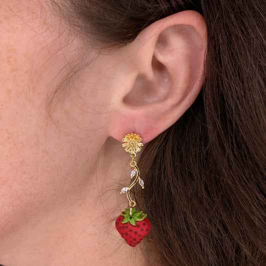 Handmade Strawberry Clay Fruit Drop Earrings, Cottagecore Summer Jewelry for Brunch, Garden Party or Festival Outfit