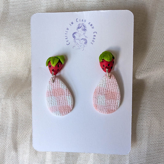 Handmade Strawberry Gingham Clay Earrings, Cottagecore Summer Jewelry for Picnic or Festival Outfit
