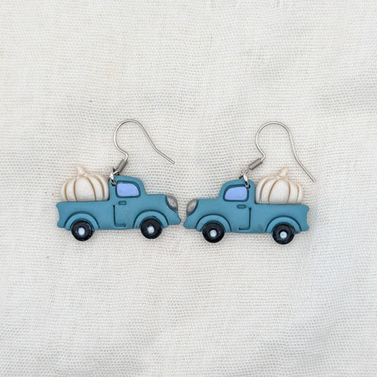 Teal vintage truck earrings with pearly cream pumpkins and surgical-grade stainless steel hooks