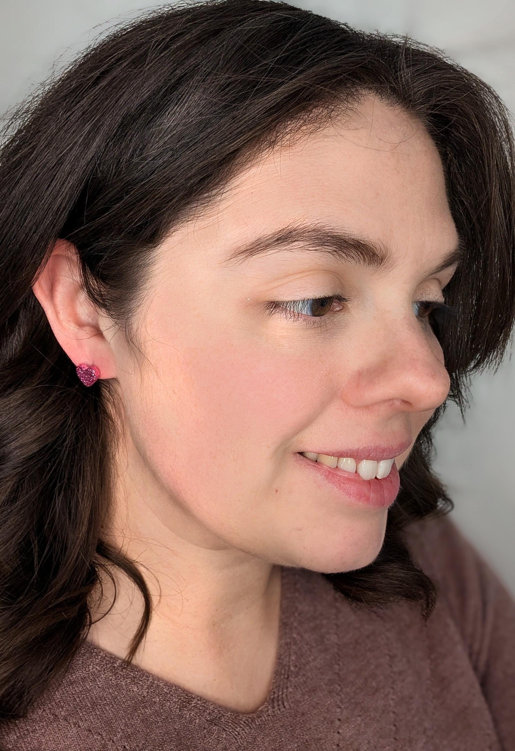 Glitter Heart Stud Earrings, Hypoallergenic Polymer Clay Earrings in Pink Red Silver or Gold