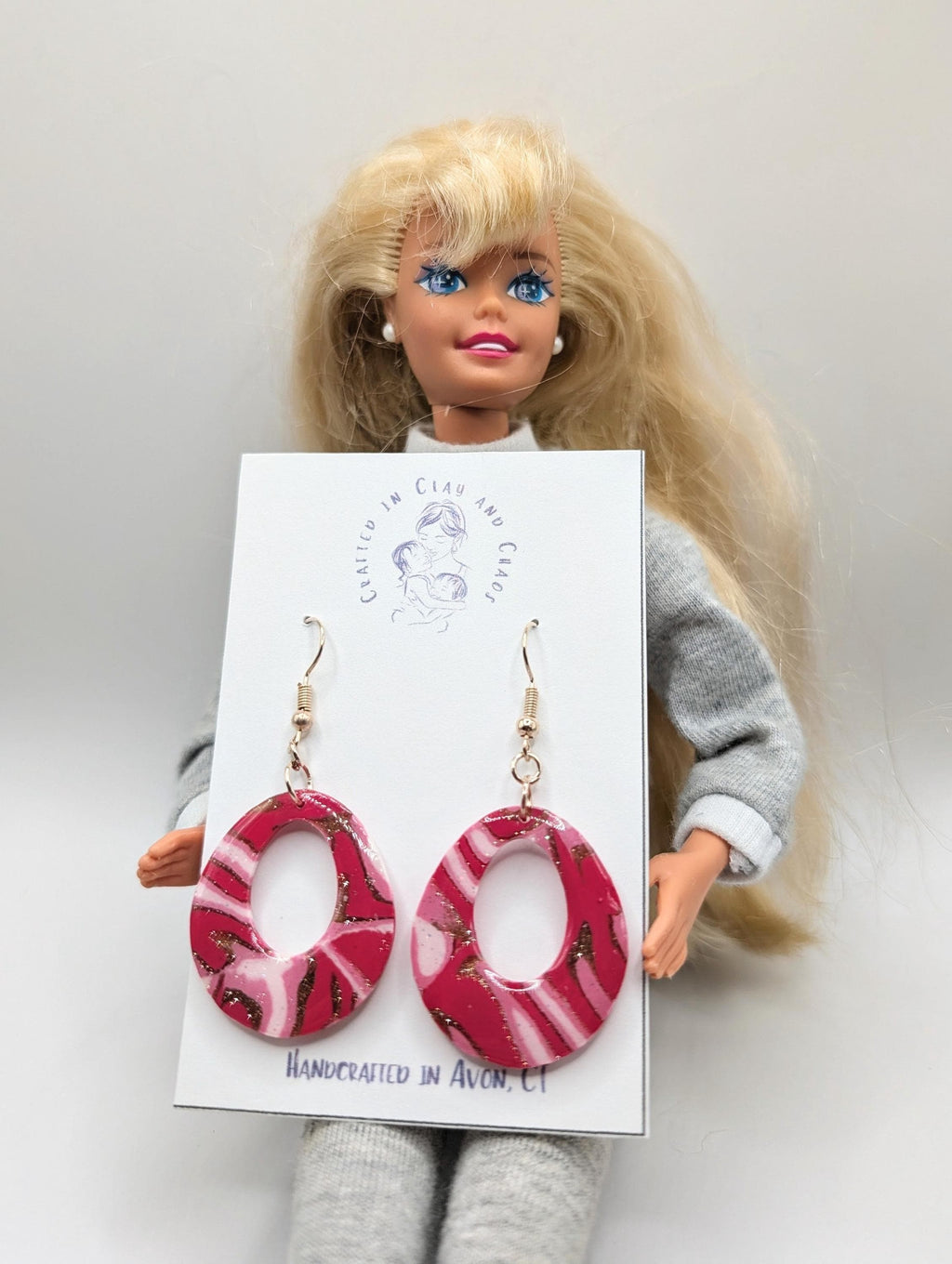 Handmade Retro Pink Swirl Clay Dangle Earrings
