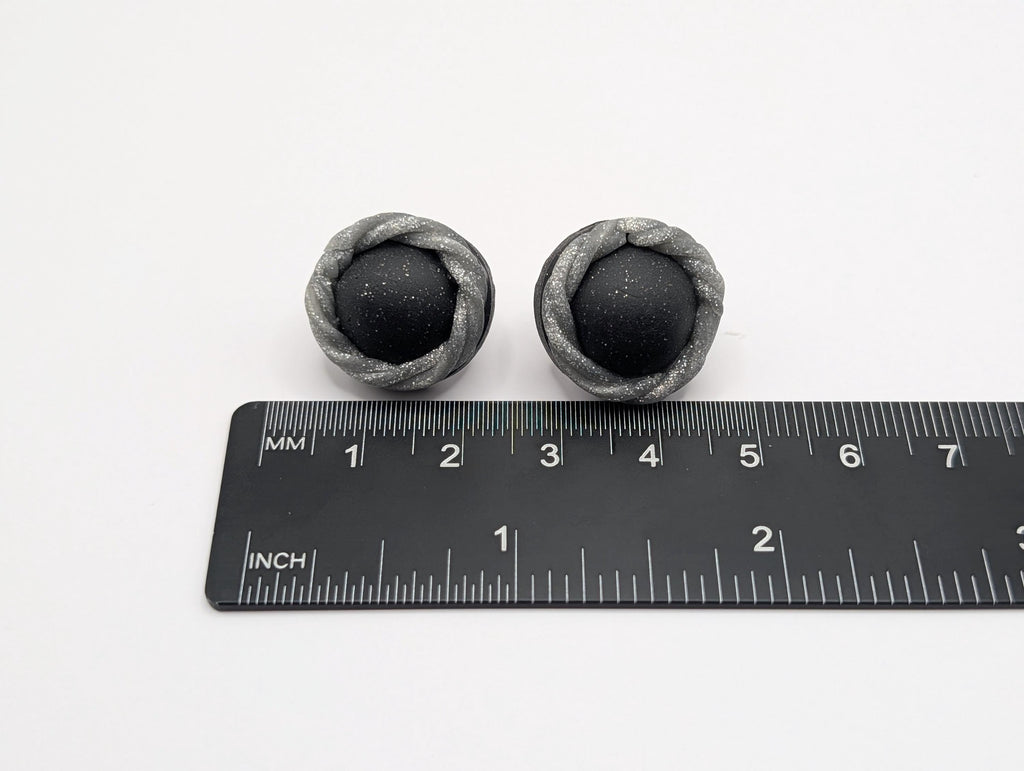 Sculptural Black Stud Earrings with Silver Rope Detail