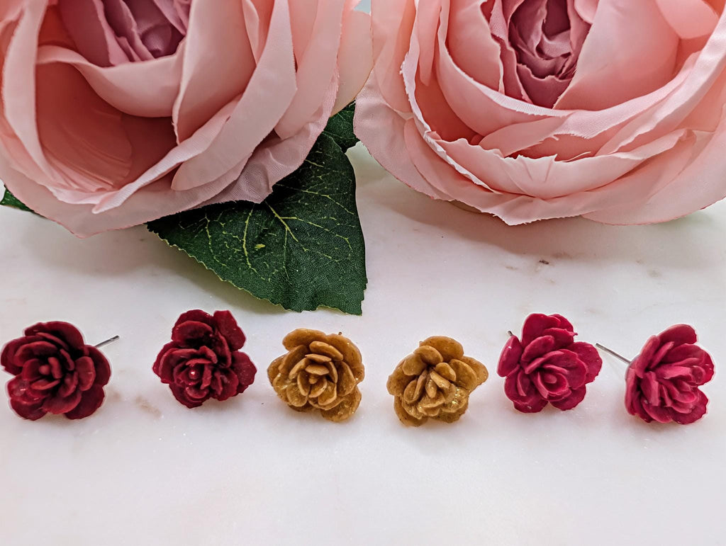 Handcrafted Rose Stud Earrings with Subtle Glitter, Lightweight Polymer Clay Floral Studs
