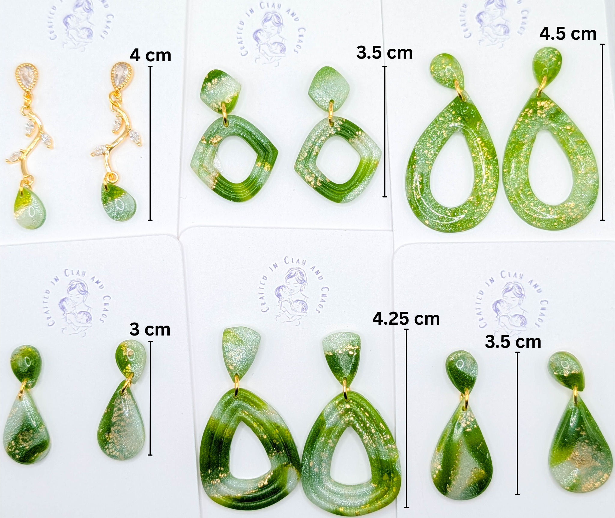 Lightweight Green Polymer Clay Earrings with Gold Foil, Modern Earthy Statement Drops