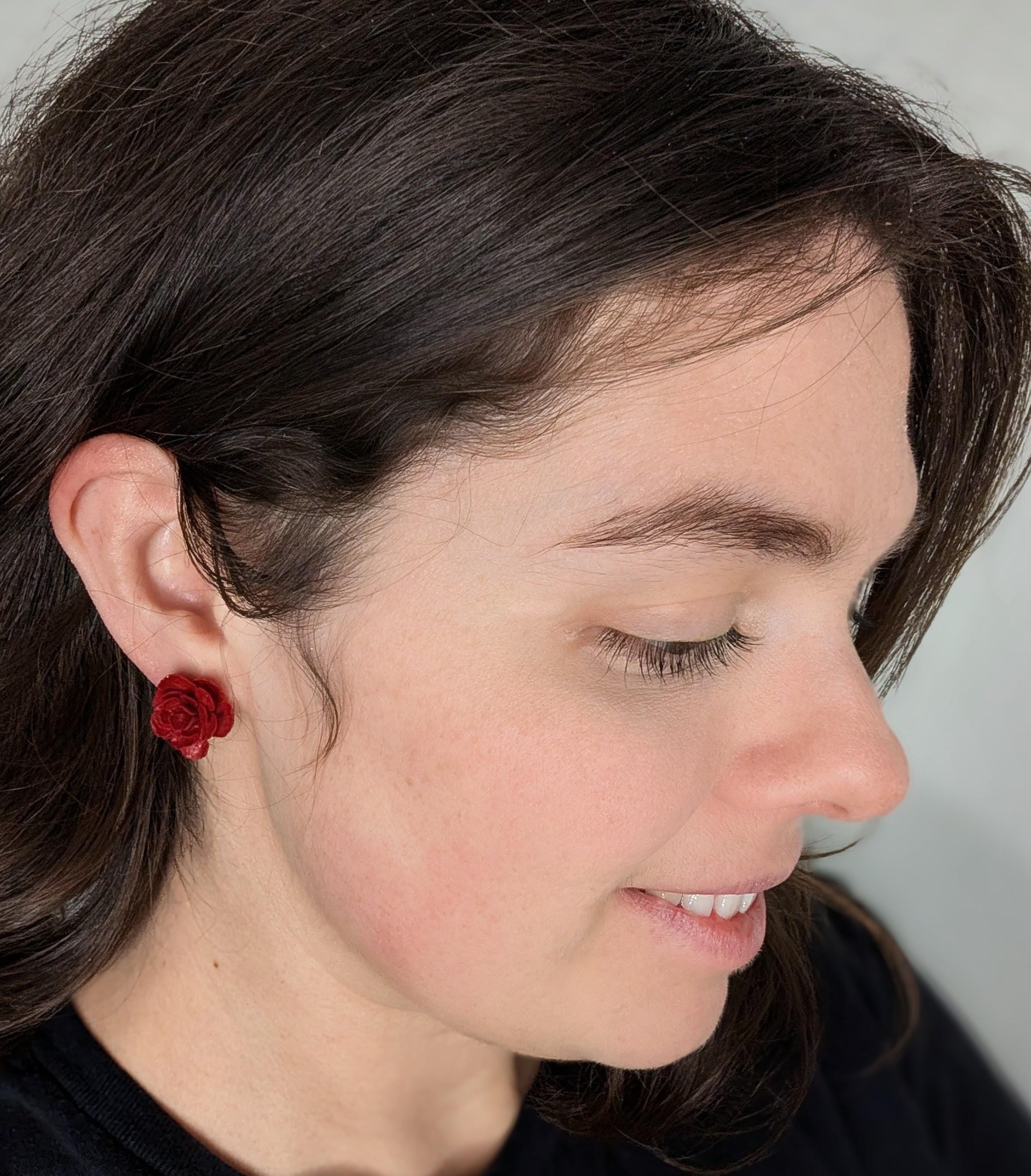 Handcrafted Rose Stud Earrings with Subtle Glitter, Lightweight Polymer Clay Floral Studs