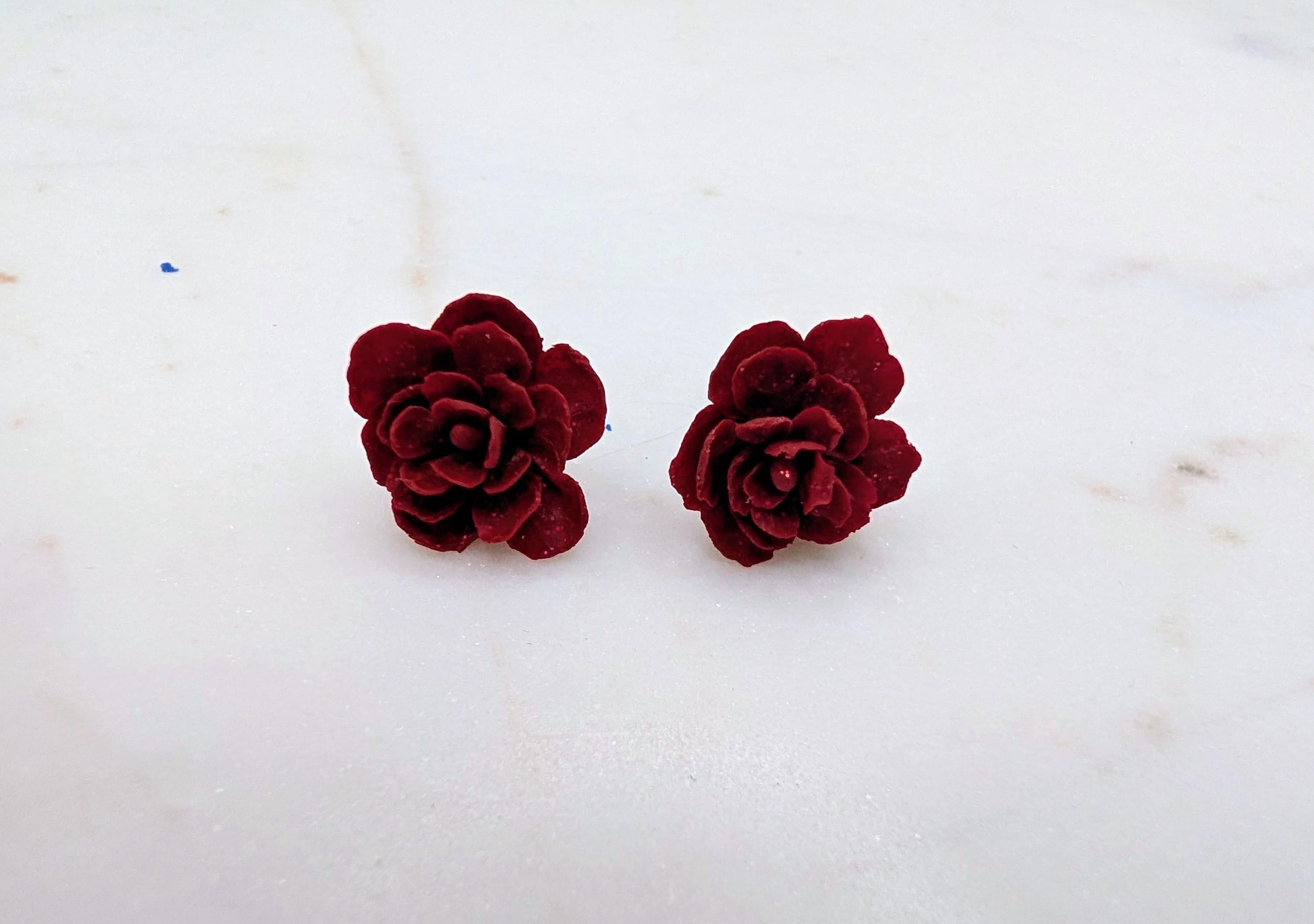 Handcrafted Rose Stud Earrings with Subtle Glitter, Lightweight Polymer Clay Floral Studs