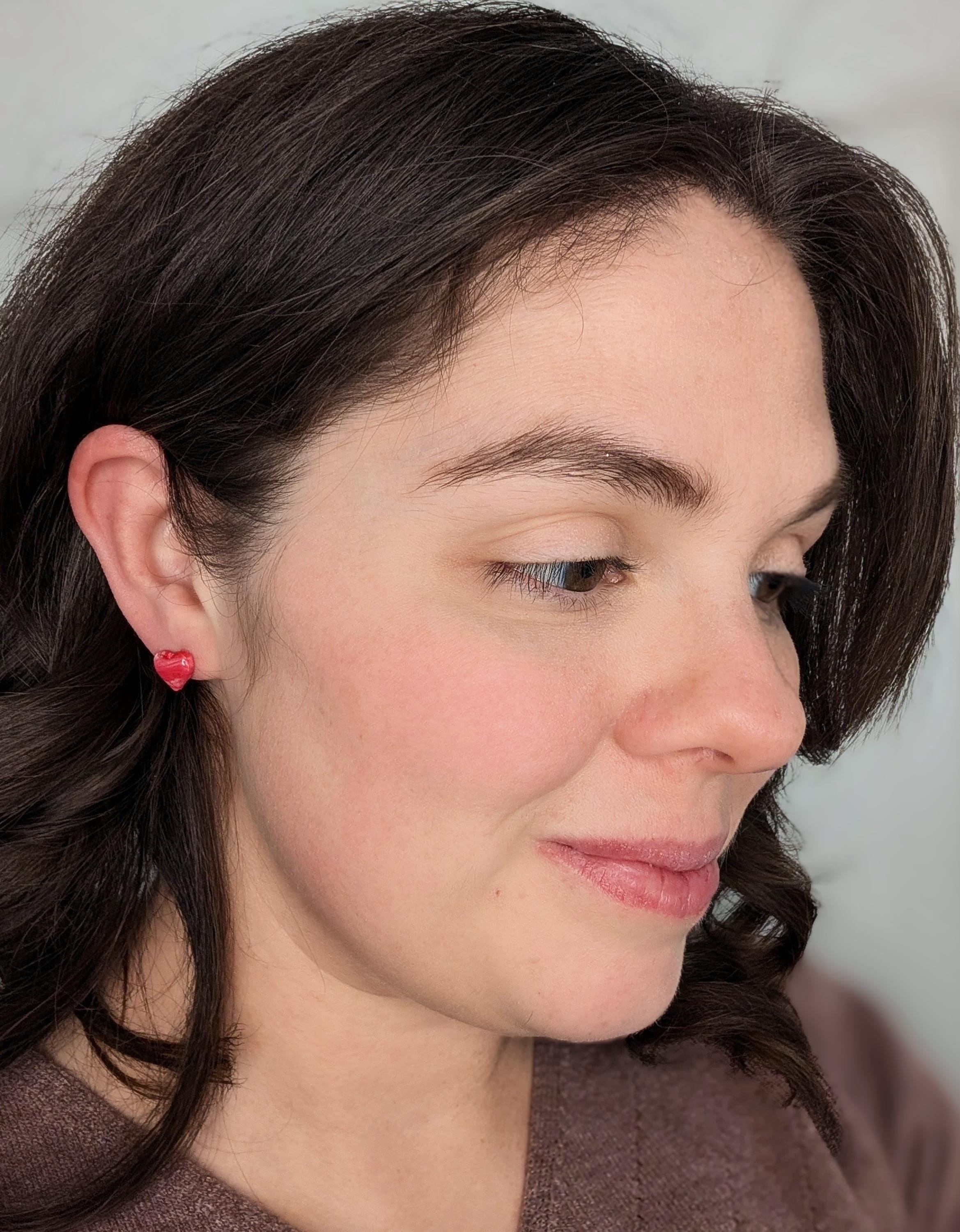 Glitter Heart Stud Earrings, Hypoallergenic Polymer Clay Earrings in Pink Red Silver or Gold