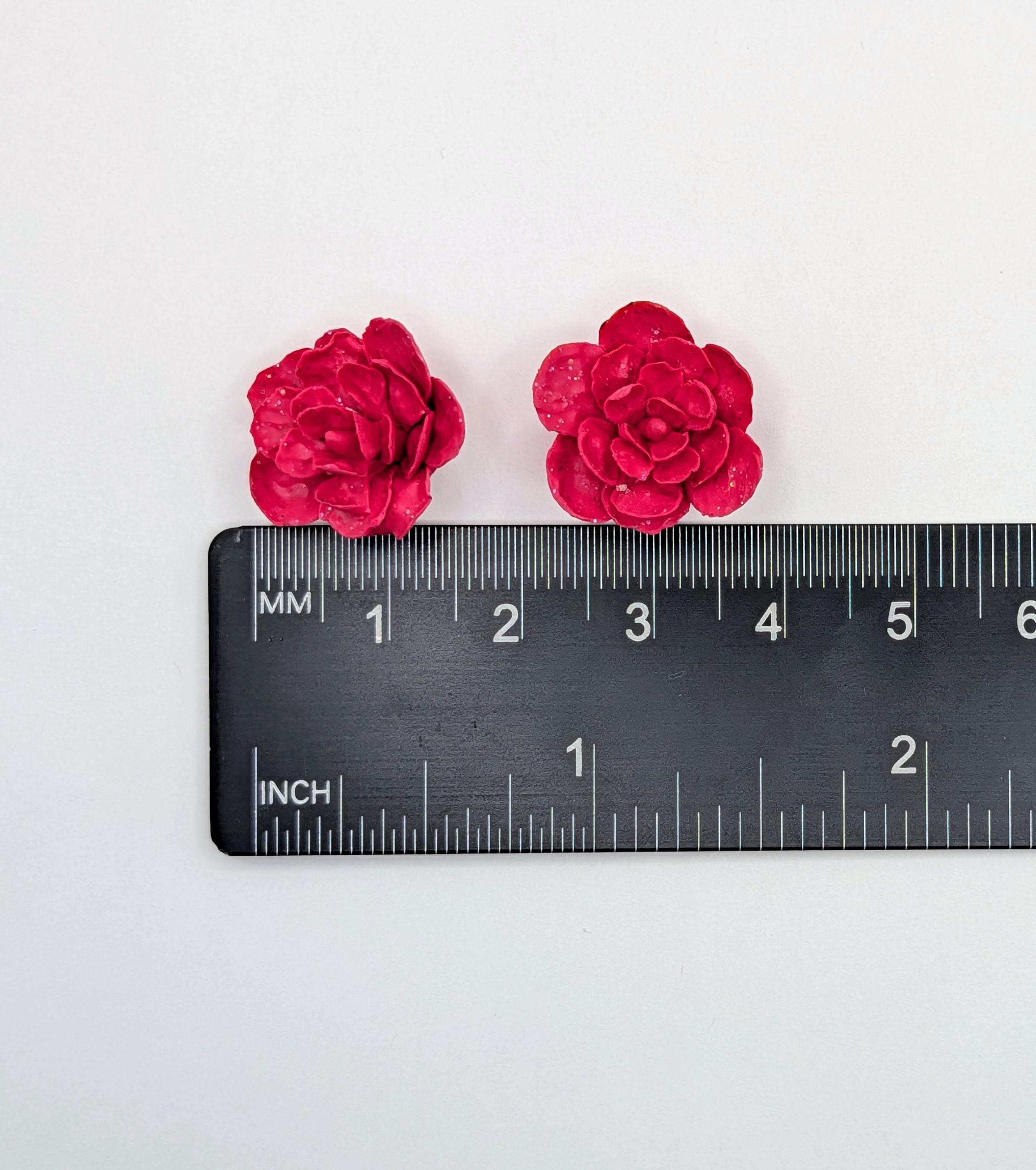 Handcrafted Rose Stud Earrings with Subtle Glitter, Lightweight Polymer Clay Floral Studs