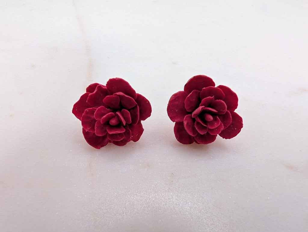 Handcrafted Rose Stud Earrings with Subtle Glitter, Lightweight Polymer Clay Floral Studs