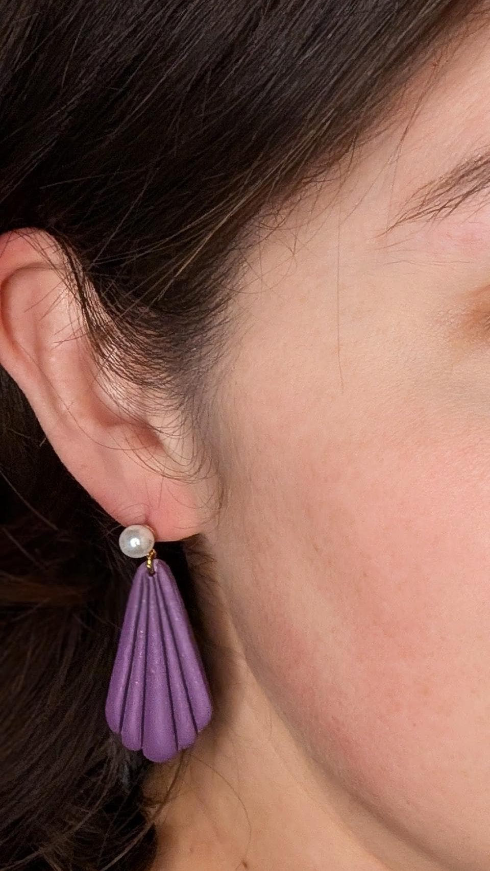 Plum Scalloped Fan Earrings with Pearl Studs
