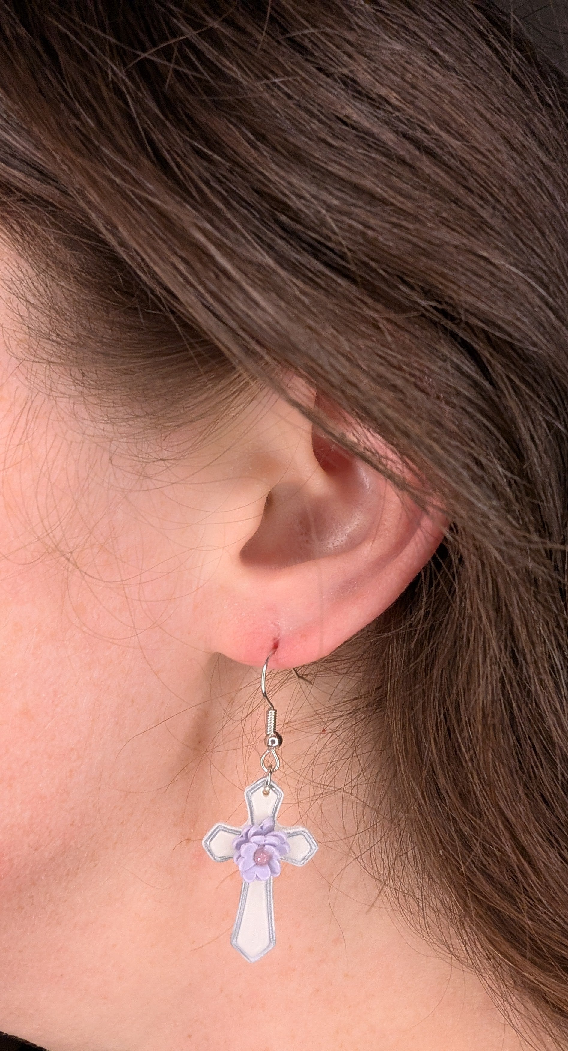 Lavender Floral Cross Earrings