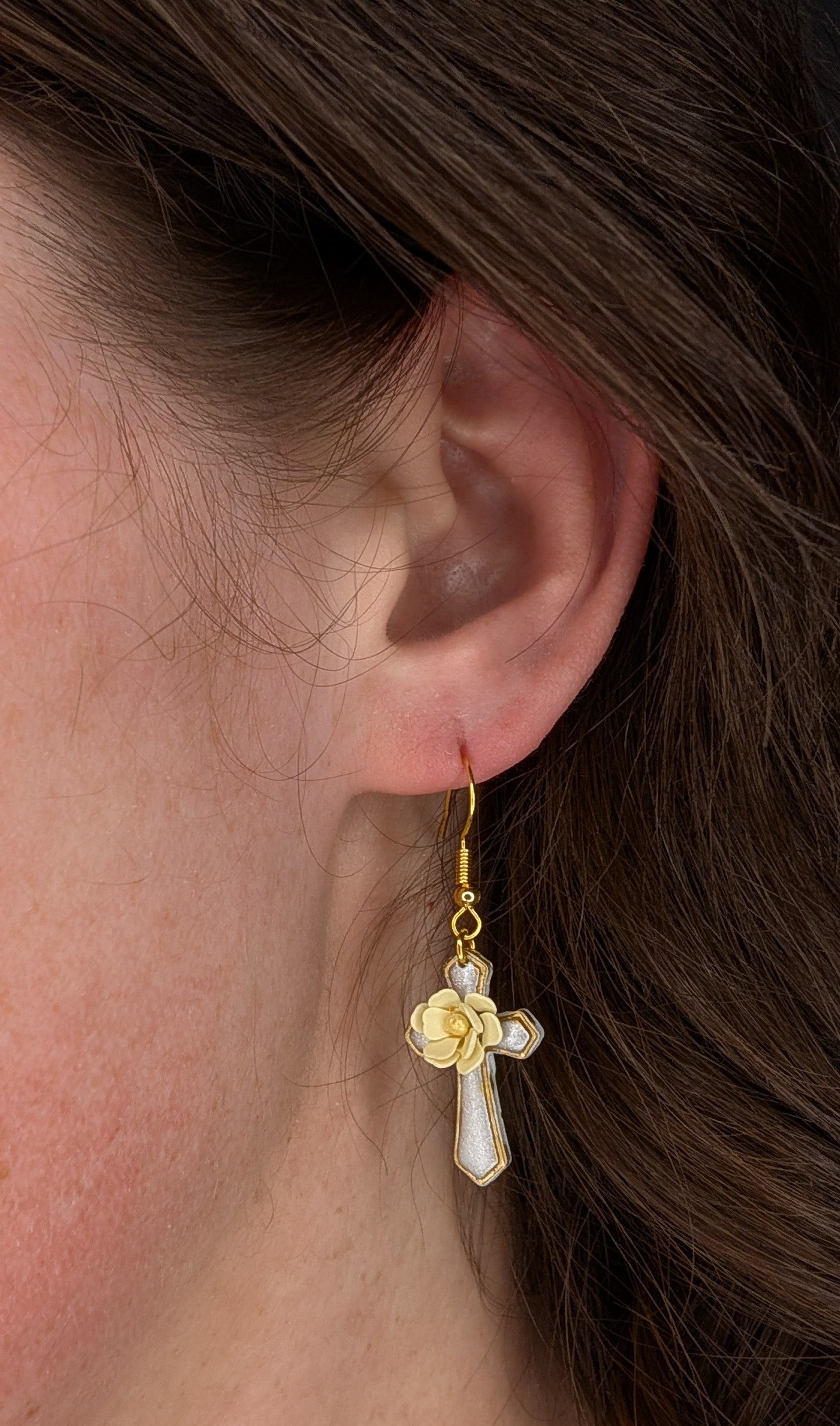 Yellow Floral Cross Earrings