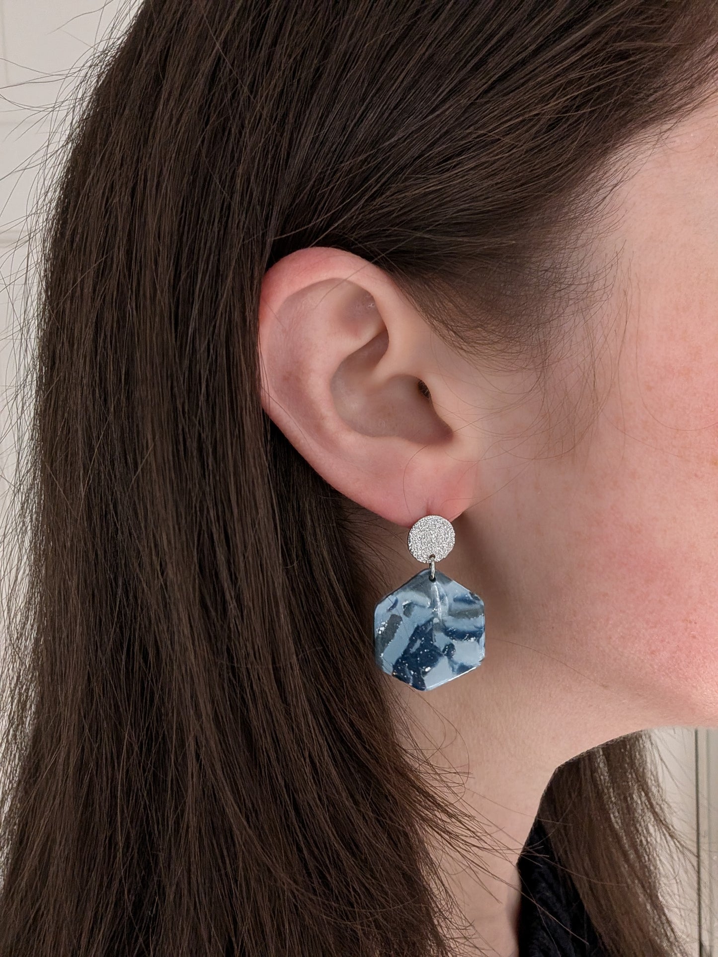 Lightweight Modern Geometric Blue Grey Marble Earring for Office Workwear