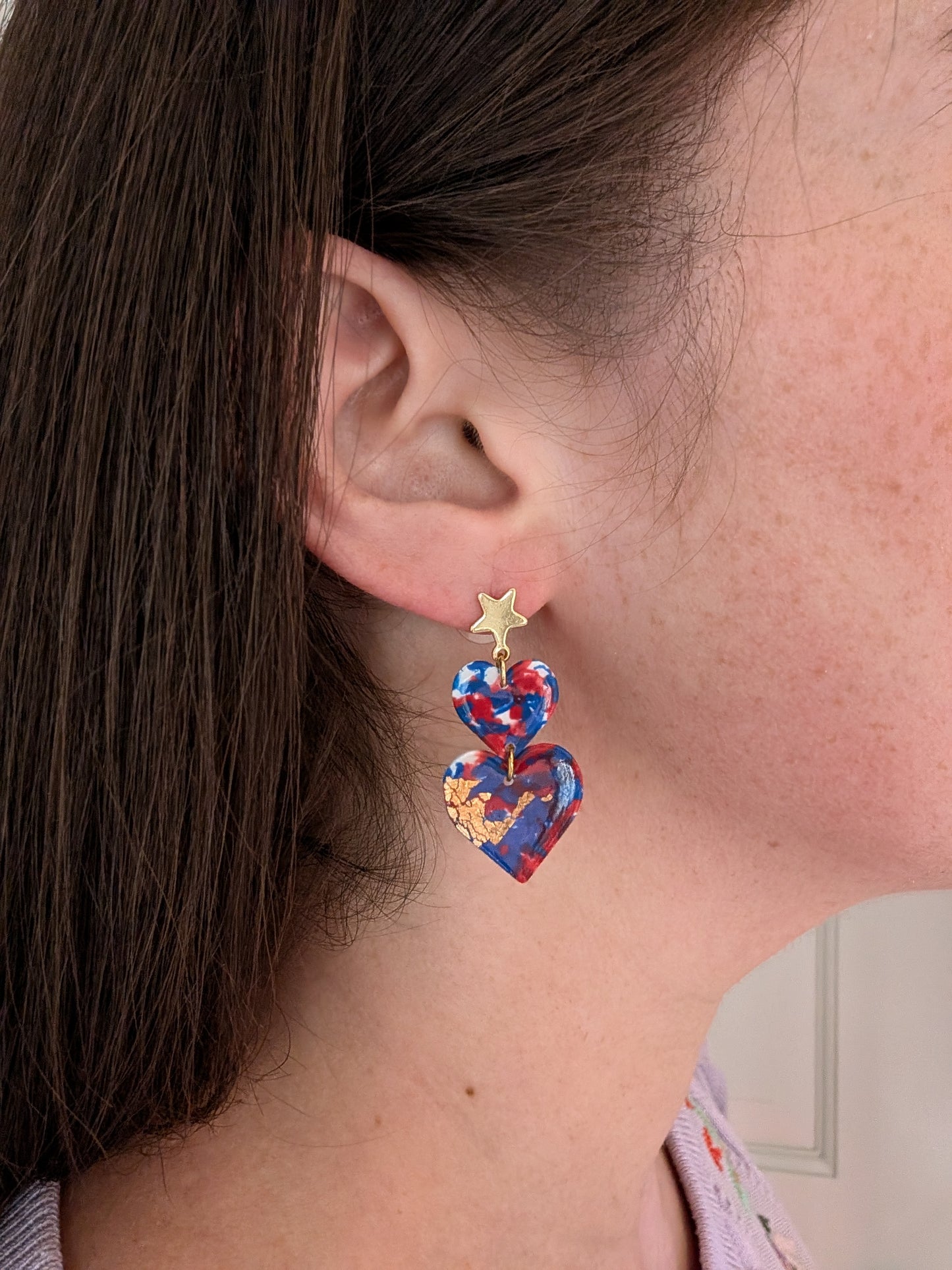 Red, White, and Blue Patriotic Double Heart Earrings for Fourth of July Celebrations