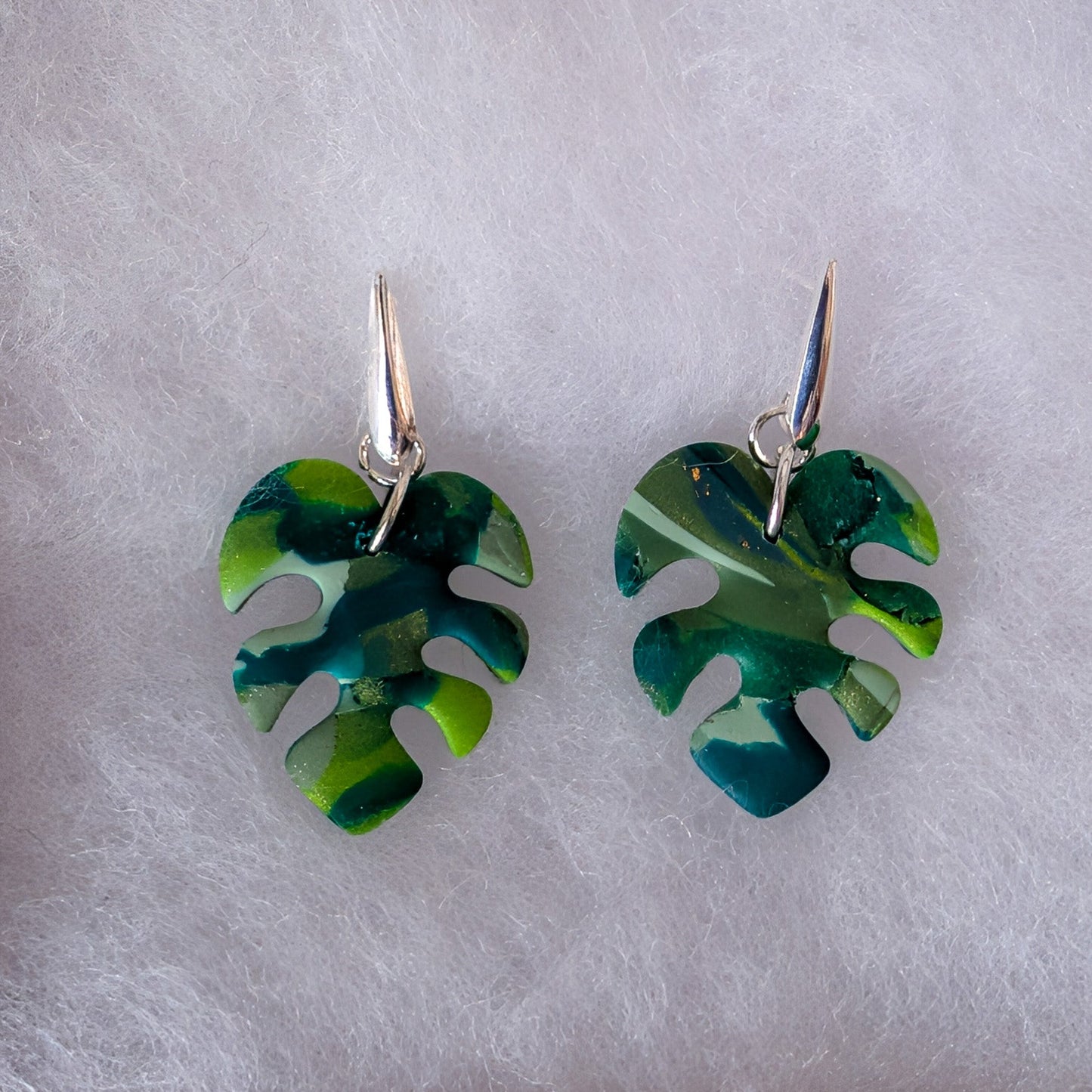 Green Monstera Earrings: Lightweight Marbled Clay Leaf Dangles for Tropical Vacations and Cruises