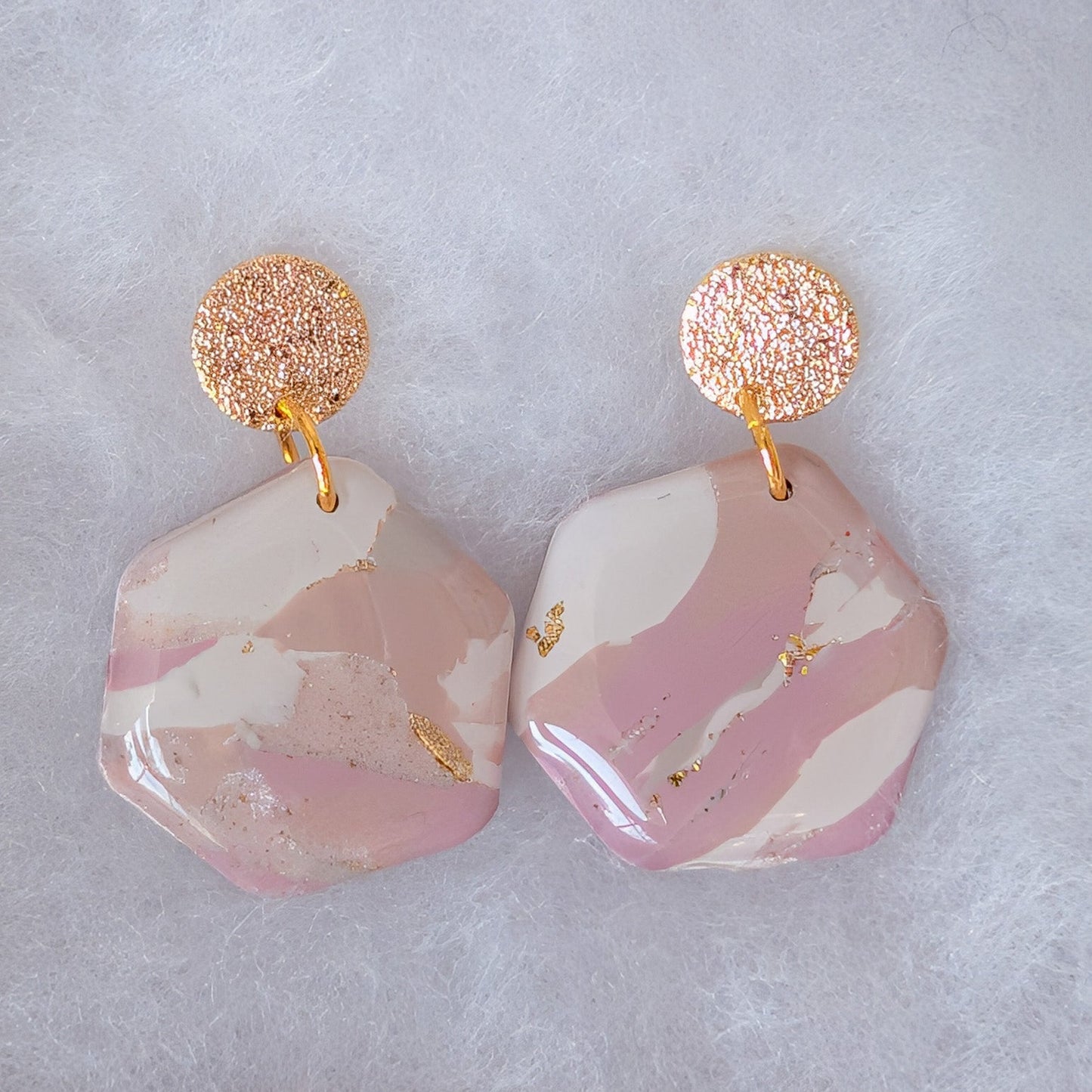 Neutral Marble Polymer Clay Earrings, Lightweight Geometric Drops, Beige Pink Everyday Office Jewelry, Gold or Silver Foil