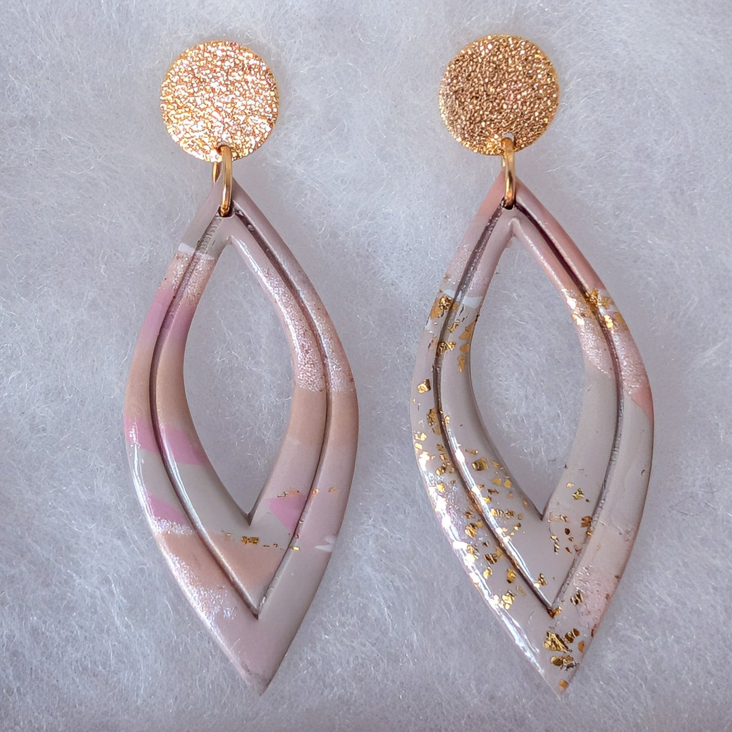 Neutral Marble Polymer Clay Earrings, Lightweight Geometric Drops, Beige Pink Everyday Office Jewelry, Gold or Silver Foil